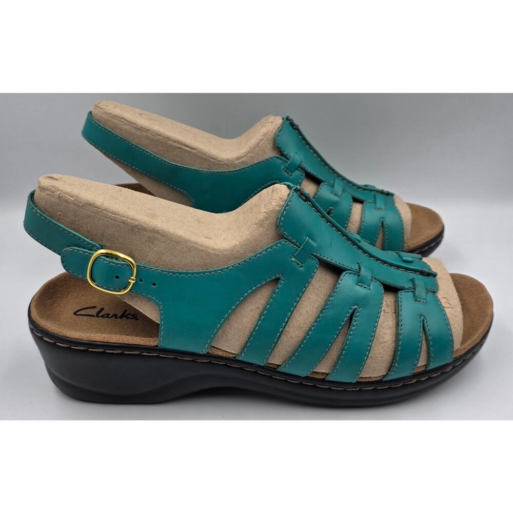 Clarks Lexi Turquoise Leather Womens Sandals Size 11W Wide NEW Strappy Slingback